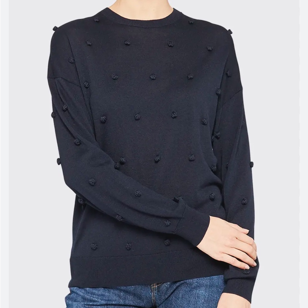 Theory Wool-Blend Knit Pompom Long-Sleeve Sweater Preppy Navy Blue SZ Medium